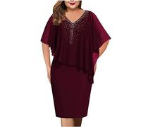 Abito da sera da donna con scollo a V in chiffon con mantello trasparente a maniche corte madre della sposa mini abito, Vino, 4XL