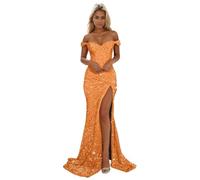 Abito da sera da donna con spalle scoperte e paillettes scintillanti, abito da sera formale con spacco, Arancione, S