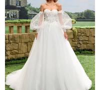 Abito da sera da donna con spalle scoperte in tulle trasparente, decorazioni floreali 3D, maniche a vescovo trasparenti, abito da invitata a matrimonio bianco L,M,S,XL,XSPianteTessuto intrecciato
