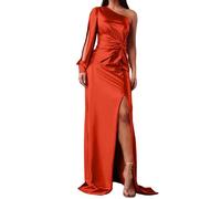 Abito da sera da donna, elegante, da ballo, lungo, con maniche, tinta unita, da cocktail, con fessura, a maniche corte, per la casa, per la fine della festa, in raso, Colore: arancione., m