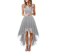 Abito da sera da donna, elegante, per matrimonio, damigella d'onore, abito da damigella d'onore, scollo a V, senza maniche, in pizzo, arricciato, linea ad A, abito da damigella d'onore, abito da ballo