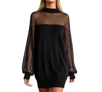 Abito da sera da donna, elegante, trasparente, a maniche lunghe, patchwork, sexy, trasparente, con scollo a V profondo, abito da cocktail, linea A, O nero., XXXL