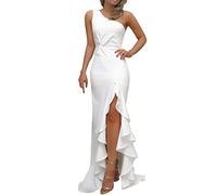 Abito da sera da donna, formale, con una spalla, con volant, sottile, lungo, elegante, per feste, vintage, retrò, da cocktail, a vita alta, bianco, S