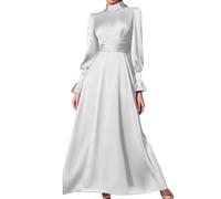 Abito da sera da donna in raso - Abito lungo a maniche a sbuffo tinta unita a vita alta chic ed elegante ampio confortevole maturo temperamento tunica versatile vestito per cocktail banchetti party