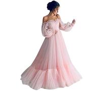 Abito da sera da donna, linea ad A, lungo, in tulle, da principessa, con spalle scoperte, abito da festa, in maschera, a maniche lunghe, swing, in tulle