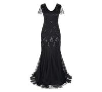 Abito da Sera da Donna Lungo Anni '20, Great Gatsby, Abito da Sposa con Paillettes, Nappa, Scollo a V, Senza Maniche, Nero, XXL
