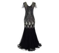 Abito da Sera da Donna Lungo Anni '20, Great Gatsby, Abito da Sposa con Paillettes, Nappa, Scollo a V, Senza Maniche, Gold, XXL