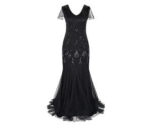 Abito da Sera da Donna Lungo, Anni '20, Great Gatsby, Abito da Sposa con Paillettes, Nappa, Scollo a V, Senza Maniche, Nero, XXXL