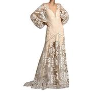 Abito da sera da donna lungo con pizzo, abito da festa, senza schiena, da cocktail, con maniche a lanterna, jacquard, con scollo a V, abito da sera sexy, bianco, S