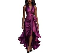 Abito da sera da donna, lungo, elegante, alla moda, in raso, senza maniche, con scollo a V, orlo asimmetrico, lunghezza del pavimento, maxi abito, 01-viola, L