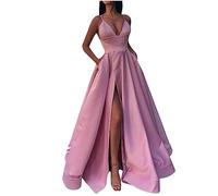 Abito da sera da donna, lungo, elegante, alla moda, tinta unita, in tulle, senza maniche, con scollo a V, senza maniche, lunghezza del pavimento, maxi abito da festa, Z1-rosa, M