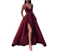 Abito da sera da donna, lungo, elegante, alla moda, tinta unita, in tulle, senza maniche, con scollo a V, senza maniche, lunghezza del pavimento, maxi abito da festa, Vino Z1., S