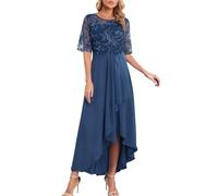 Abito da sera da donna, lungo, elegante, in pizzo, in chiffon, formale, a mezze maniche, linea ad A, per matrimoni e cocktail, per la mamma e la sera, O blu1, XXL