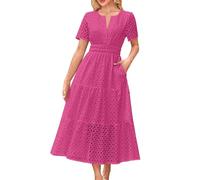Abito da sera da donna, lungo, elegante, tinta unita, con occhielli, scollo a V, a maniche corte, con linee ad A, in vita elasticizzata, con tasche, per le vacanze, da spiaggia, P-ink, S