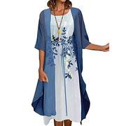 Abito da sera da donna lungo in due pezzi, abito senza maniche con scollo rotondo in pizzo floreale, giacca cardigan sottile, abiti da sera eleganti per matrimonio ( Color : Dark Blue , Size : M )