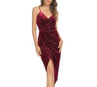 Abito da sera da donna lungo in velluto aderente con scollo a V pieghettato a tracolla con paillettes ad alta elasticità, abito senza spalline, con spalline, rosso, L