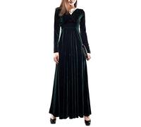 Abito da sera da donna maxi abito da festa vintage con scollo a V in velluto elastico lungo manica lunga tinta unita abiti, Nero , L