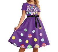 Abito da sera da donna, scollo rotondo, maniche corte, stampa pasqua, abito estivo, da donna, lunghezza media, con cintura, svasata, elegante e chic, per feste, casual, primaverili, estivo, primavera