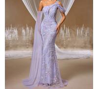 Abito da sera da sirena con perline color lilla - Abito elegante monospalla con cascate di chiffon e spacco sulla coscia, adatto per ricevimenti in giardino, serate all'opera e rinnovi di voti L,M,S,X