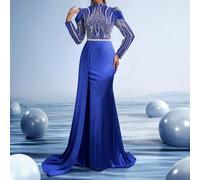 Abito da sera da sposa con velo di zaffiro e ricami in cristallo, a sirena, con mantello drappeggiato e collo alto - Elegante vestito da ospite per red carpet, abito da ballo ricamato a mano, eleganza