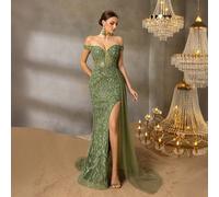 Abito da sera di lusso con paillettes e perline, scollo a spalle scoperte, modello sirena - Texture a venature botaniche e motivo di perline a forma di foglia, design con spacco alto e sovrapposizione