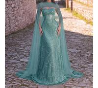 Abito da sera di lusso con paillettes luccicanti a sirena con scialle trasparente, design ricamato con paillettes a scaglie di pesce, elegante e nobile abbigliamento da cerimonia formale, adatto per e