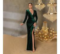 Abito da sera di lusso da donna: scollo a V profondo, maniche lunghe con paillettes, gonna a sirena in velluto, spacco alto sulla coscia - perfetto per gala in abito da sera, ricevimenti di matrimonio