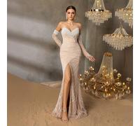 Abito da sera di lusso e glamour con perline e paillettes, con copri-maniche, coda a sirena e design con spacco alto - perfetto per gala sul red carpet, matrimoni di lusso, premiazioni musicali e sfil