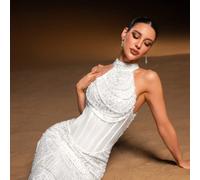 Abito da sera di lusso e glamour per San Valentino, con collo alto, senza maniche, silhouette a sirena, con ricami di perline e paillettes, vita a corsetto e silhouette a coda di pesce L,M,S,XLColore