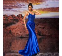 Abito da sera donna in blu royal e viola, con applicazioni di perline e paillettes, decorazione in ricamo elettrico, gonna con spacco per esaltare la forma della gamba, abito da cerimonia pesante L,M,
