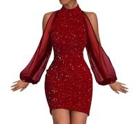 Abito Da Sera Donna Vestito Natale Donna Mini Abito Vestiti Glitter Cerimonia Elegante Vestito Ginocchio Tubino Abito Paillettes Damigella Maniche Lunghe Abiti D'onore Matrimonio Carnevale Invernale