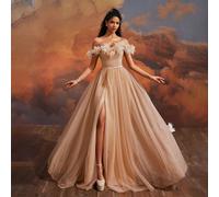Abito da sera elegante color champagne con spalle scoperte, tessuto trasparente, applicazioni floreali 3D e spacco alto, vestito da donna per cerimonie formali, abito da invitata al matrimonio L,M,S,X