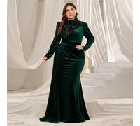 Abito da sera elegante con collo alla coreana, maniche lunghe e design gonna a sirena, dettagli con paillettes, adatto per banchetti, gala, cerimonie di premiazione, matrimoni e feste di alto livello,