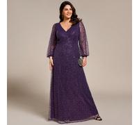 Abito da sera elegante con maniche a lanterna e paillettes, scollo a V, per donne taglia curvy. Abito da cerimonia formale a maniche lunghe viola, adatto per matrimoni, lauree, gala ed altre occasioni