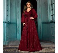 Abito da sera elegante con maniche lunghe per donna taglia curvy, adatto per feste, cene di gala, eventi di beneficenza, balli di fine anno, occasioni formali. Vestito lungo con volant e maniche a lan