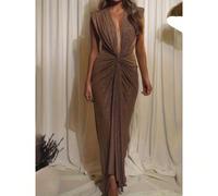 Abito da sera elegante con nodo intrecciato lucido, abito midi aderente sexy con scollo a V e maniche lunghe, elegante per la primavera L,M,S,XL,XXLColore unicoTessuto in maglia