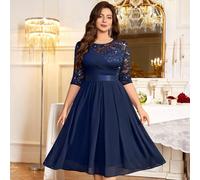 Abito da sera elegante con paillettes, pizzo floreale, maniche a 3/4, orlo in chiffon plissettato a contrasto, adatto per San Valentino, matrimoni, feste, compleanni, cene, ritorno a casa 0XL,1XL,2XL,