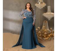 Abito da sera elegante con perline a coda di sirena taglie comode Faeriesty, con scollo a V asimmetrico e maniche in tulle, gonna in chiffon lunghezza pavimento, adatto per gala, banchetti di matrimon