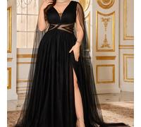Abito da sera elegante con scollo a cuore, maniche a sbuffo lunghe, vita in rete trasparente, in tessuto di maglia, taglia curvy, adatto per occasioni formali, feste, matrimoni, primavera, colore nero