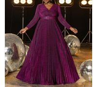 Abito da sera elegante con scollo a V incrociato, taglie comode, con cintura in vita larga, maniche a volant e gonna plissettata in un taglio aderente che valorizza la figura, adatto per banchetti gla