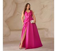 Abito da sera elegante con scollo a V profondo, spacco asimmetrico e fiocco, colore fucsia, taglia curvy Piccola 4XL,Piccola 3XL,Piccola 2XL,Piccola 1XL,Piccola 0XLColore unicoTessuto intrecciato