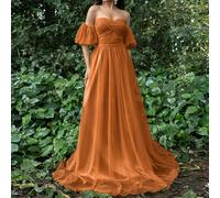 Abito da sera elegante con spalle scoperte, maniche a sbuffo e laccetti sulla schiena, adatto per balli, cerimonie, lauree, cene e feste L,M,S,XL,XSColore unicoTessuto in tulle