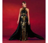 Abito da sera elegante da donna con collo a canottiera, schiena scoperta, patchwork di paillettes nere e dorate, vita con cintura rimovibile L,M,S,XLBaroccoPaillettes