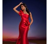 Abito da sera elegante da donna con decorazione floreale 3D, monospalla, che definisce la vita, per feste e matrimoni, rosso L,M,S,XL,XSPianteTessuto intrecciato