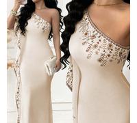 Abito da sera elegante da donna con design monospalla, maniche a campana, vita stretta e gonna a sirena, stile celebrity, decorazione stampata, lunghezza fino al pavimento L,M,S,XLPianteTessuto in mag