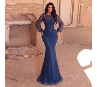Abito da sera elegante da donna con maniche lunghe e paillettes, silhouette a sirena aderente con svasatura, ricamo raffinato con perline di cristallo, per matrimonio autunnale e festa L,M,S,XL,XS,XXL