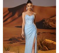 Abito da sera elegante da donna con paillettes blu celeste, pizzo, stile sirena, con spacco alto, abito da cerimonia di lusso per festa di laurea, cena, matrimonio come invitato L,M,S,XL,XSBlocchi di 