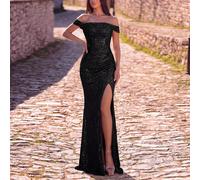 Abito da sera elegante da donna con spalle scoperte e senza maniche, lunghezza alla caviglia. Tessuto scintillante con paillettes e riflessi morbidi, dettagli plissettati su busto e vita per un aspett