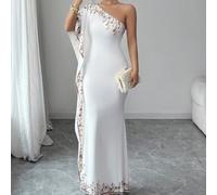 Abito da sera elegante da donna con stampa decorativa, stile celebrità, con spalla obliqua, vita stretta, gonna a sirena ampia, design monospalla, mezze maniche, lunghezza fino al pavimento L,M,S,XLGe