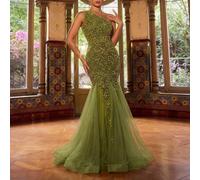 Abito da sera elegante da donna con una spalla, interamente decorato con paillettes, con dettagli in rete trasparente, design a sirena, aderente, adatto per eventi di gala, red carpet, feste di lusso,